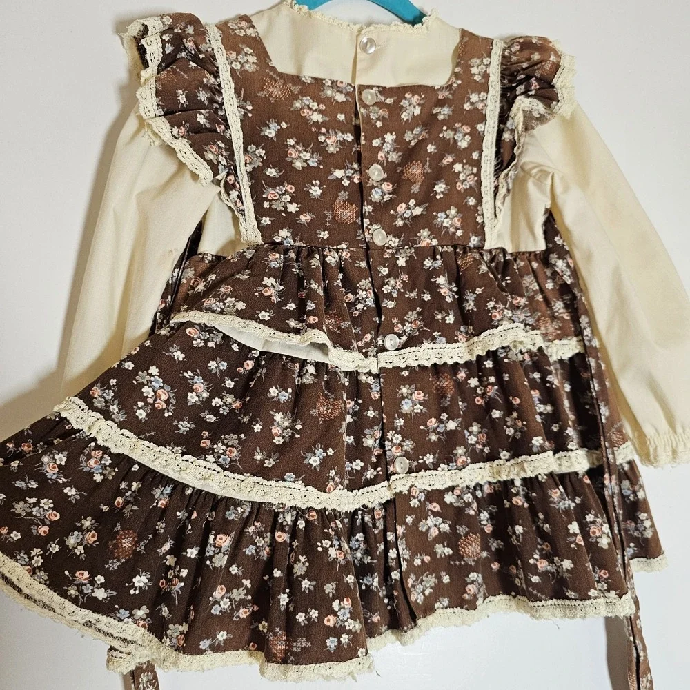 Vintage Dress Girls 6 Brown Floral Ruffle Lace Jumper Style Prairie Cottage Doll